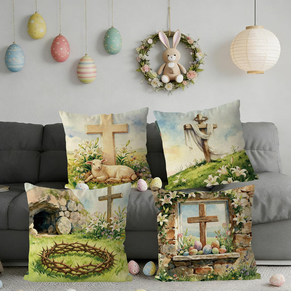 Easter Throw Pillow Covers 18X18 Inch Set of 4 Easter Decorations Religious Pillow Sheep Floral Pillowcase