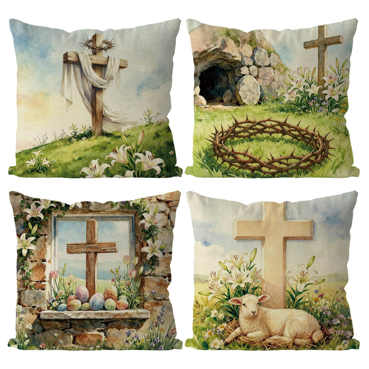 Easter Throw Pillow Covers 18X18 Inch Set of 4 Easter Decorations Religious Pillow Sheep Floral Pillowcase