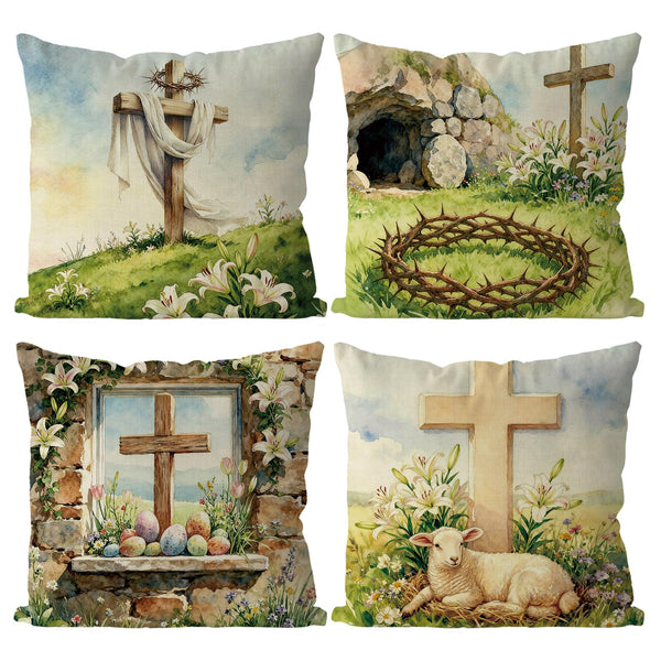 Easter Throw Pillow Covers 18X18 Inch Set of 4 Easter Decorations Religious Pillow Sheep Floral Pillowcase