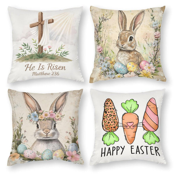 Waterproof Easter Throw Pillow Covers Set of 4, Retro Floral Set of 4, 1-Side, Cotton Linen