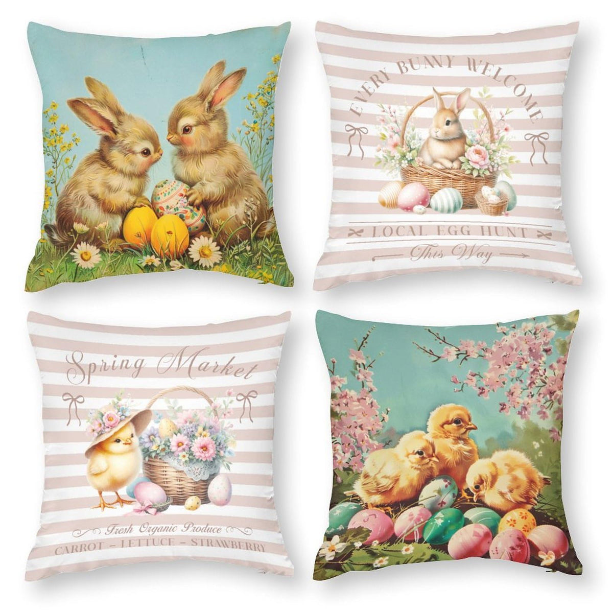 Waterproof Easter Throw Pillow Covers with Spring Floral Pink Set of 4, 1-Side, Cotton Linen