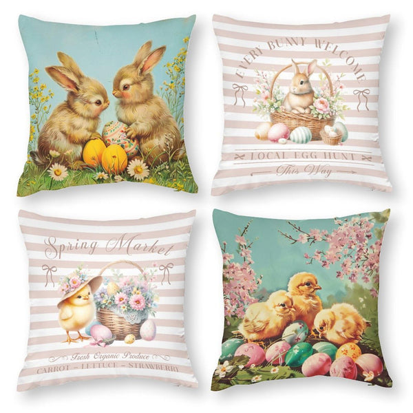 Waterproof Easter Throw Pillow Covers with Spring Floral Pink Set of 4, 1-Side, Cotton Linen