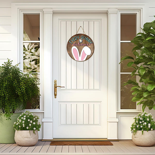 Easter Wooden Hanging Sign Bunny Rabbit Welcome Door Sign Farmhouse Rustic Front Door Hanger Sign