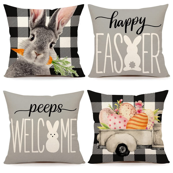 Easter Pillow Covers 18x18 Set of 4, Welcome Peeps Bunny Carrots