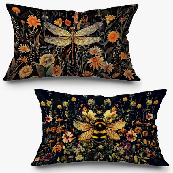 Vintage Dragonfly Bee Floral Pillow Covers 12x20 Set of 2