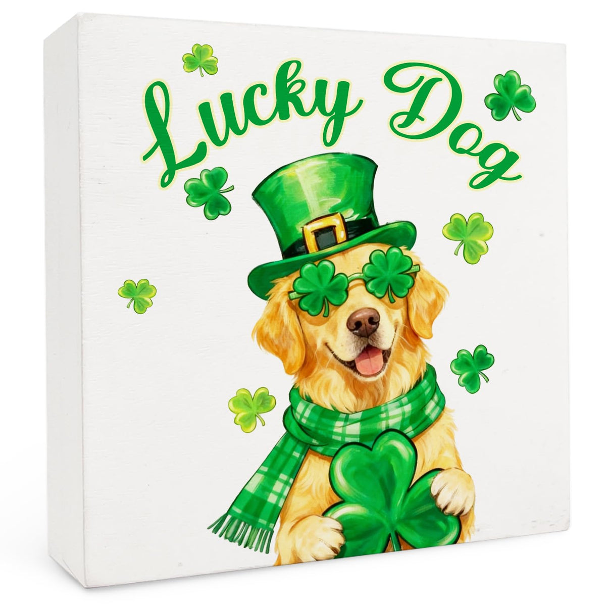 St. Patrick's Day Golden Retriever Wooden Box Sign 5x5 Inch, Golden Retriever Lover Gifts