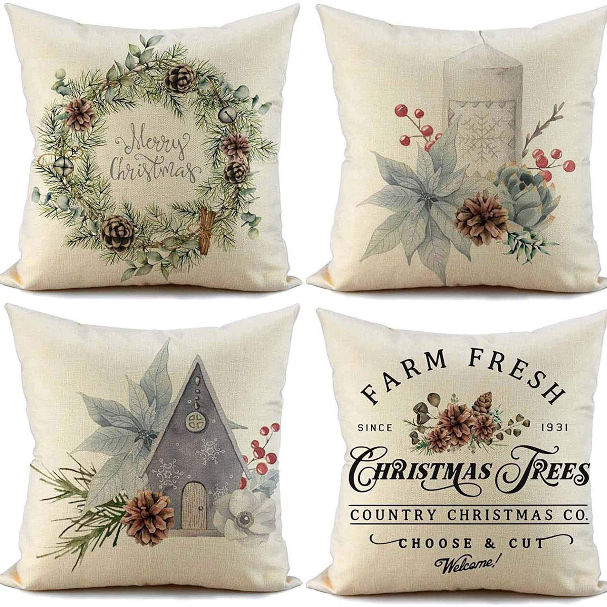 Christmas Pillow Covers 18x18 inch Set of 4 Candi Garland Farmhouse Decorative Throw Pillow Cover