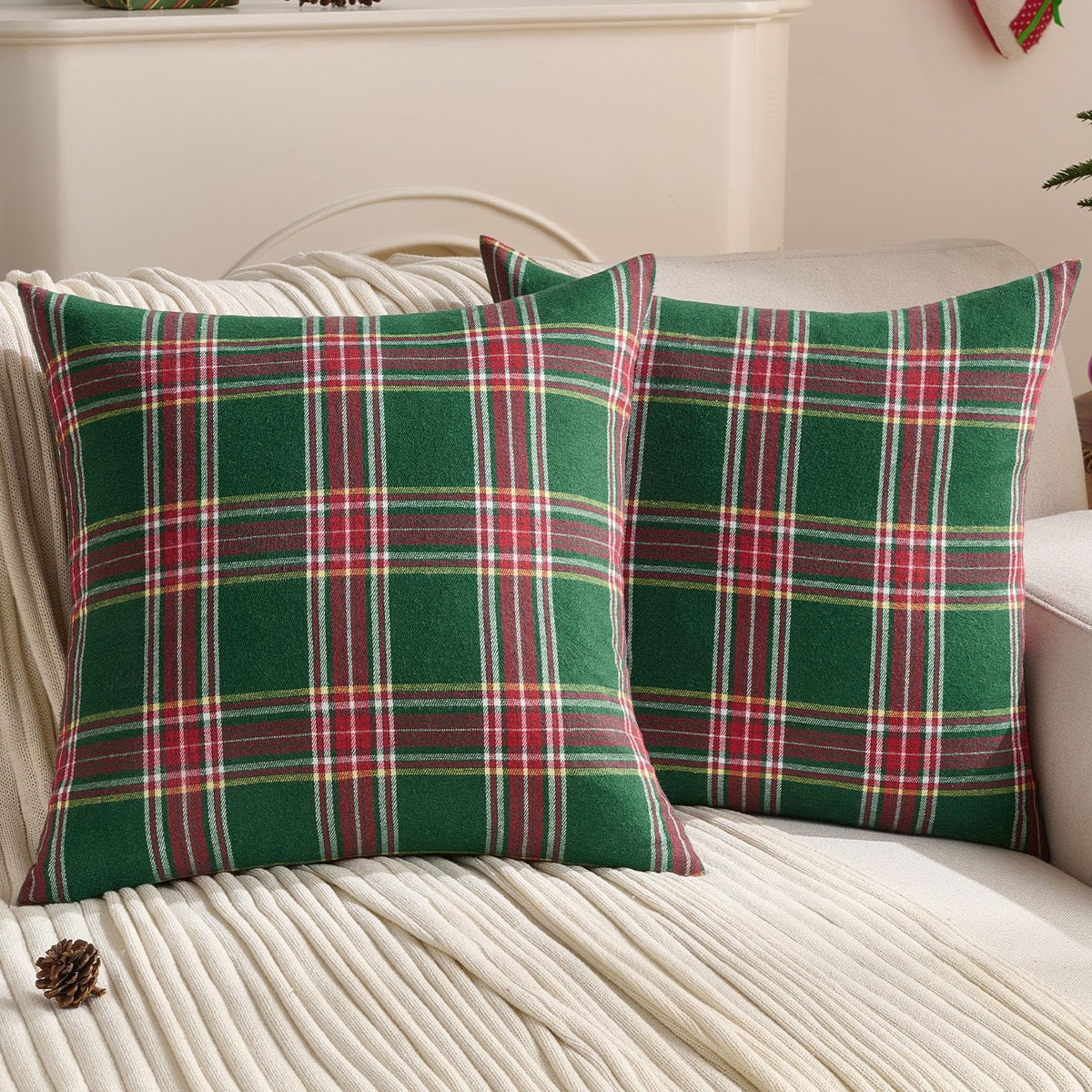 Christmas Green Plaid Throw Pillow Covers 18x18 Inch Set of 2 Buffalo Check Holiday Decorative