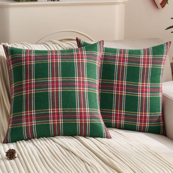 Christmas Green Plaid Throw Pillow Covers 18x18 Inch Set of 2 Buffalo Check Holiday Decorative