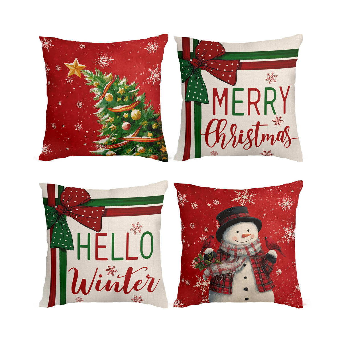 Merry Christmas Pillow Covers 18x18 Inch Snowman Hello Winter Tree Throw Pillow Cases