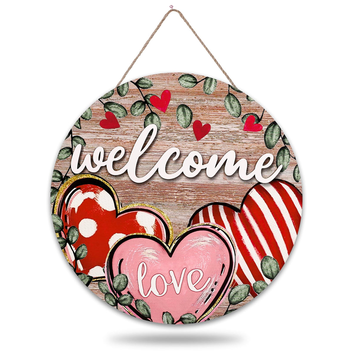 Valentine's Day Welcome Door Sign 2D Red Pink Love Heart Vintage Watercolor Round Wood Door Hanger Outdoor Decor