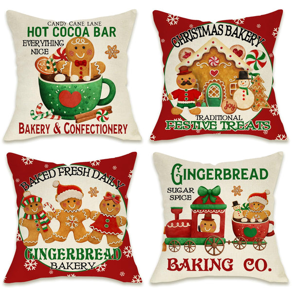 Christmas Gingerbread Man House Decorative Throw Pillow Cover 18x18 Set of 4, Xmas Bakery Hot Cocoa