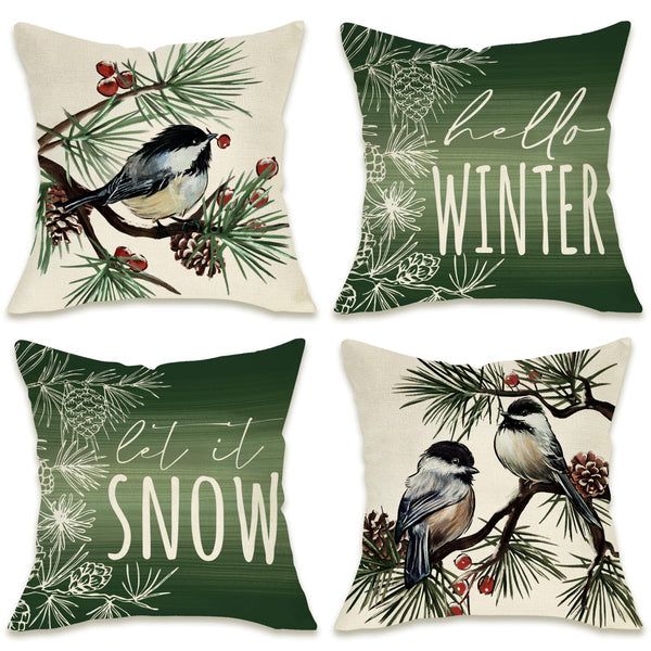 Hello Winter Green Decorative Throw Pillow Covers 18 x 18 Set of 4, Chickadee Pine Needle Branch
