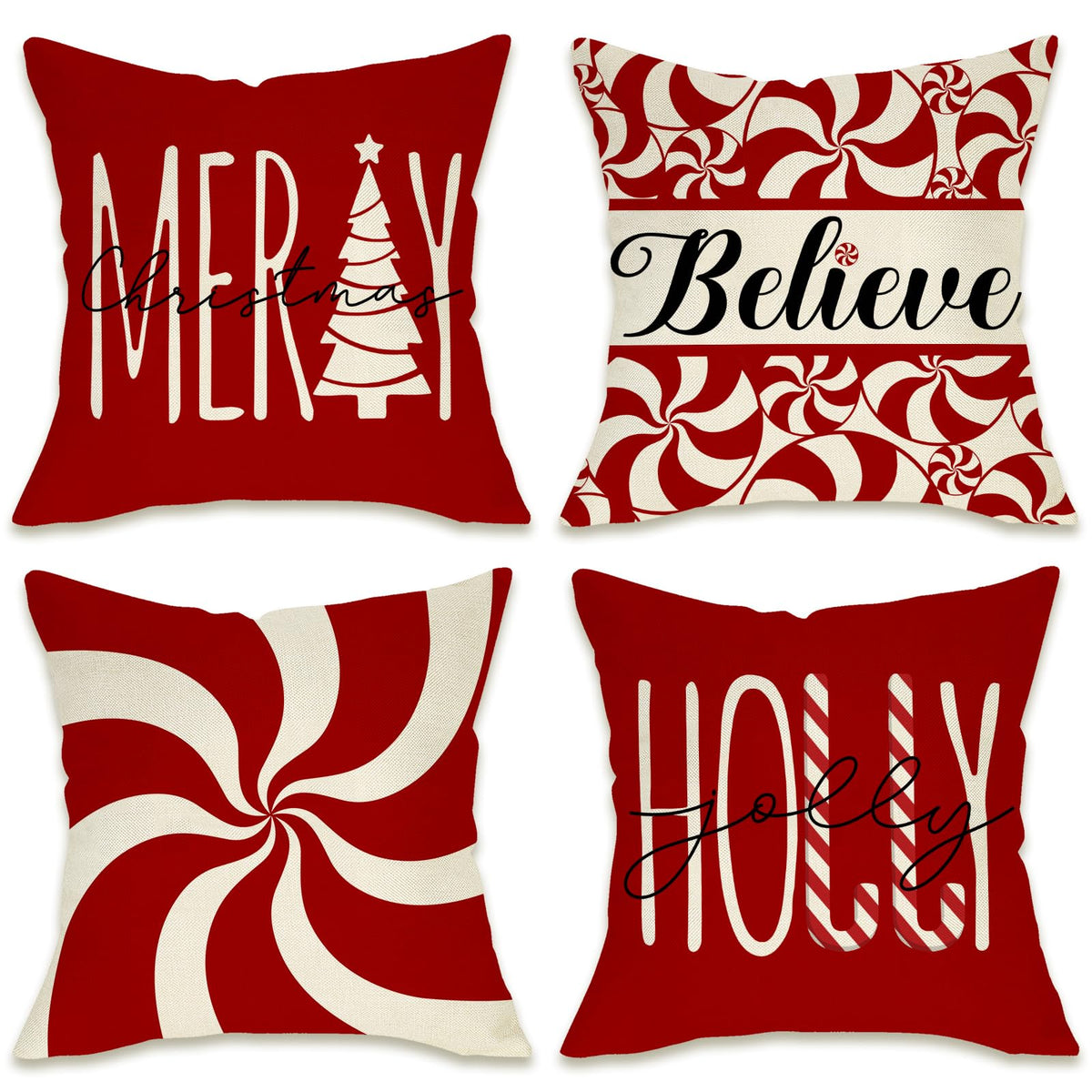 Merry Christmas Tree Decorative Throw Pillow Cover 18 x 18 Set of 4, Xmas Red Candy Canes Porch Patio