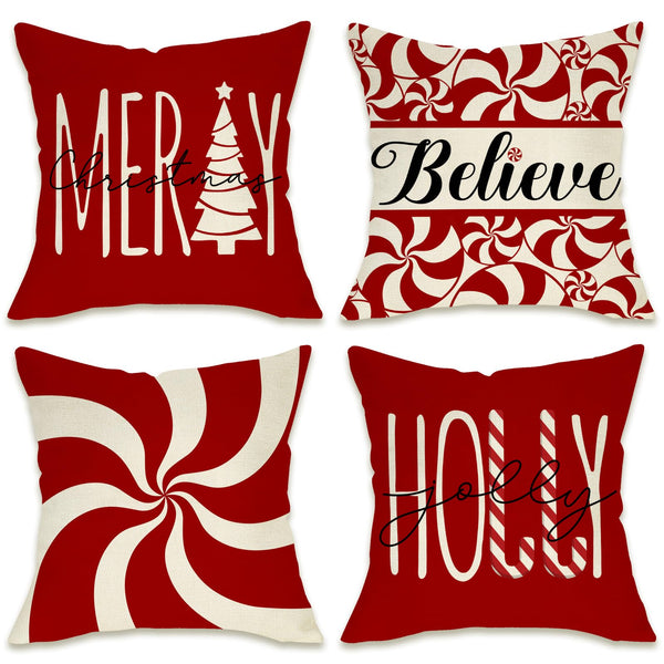 Merry Christmas Tree Decorative Throw Pillow Cover 18 x 18 Set of 4, Xmas Red Candy Canes Porch Patio