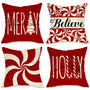 Merry Christmas Tree Decorative Throw Pillow Cover 18 x 18 Set of 4, Xmas Red Candy Canes Porch Patio