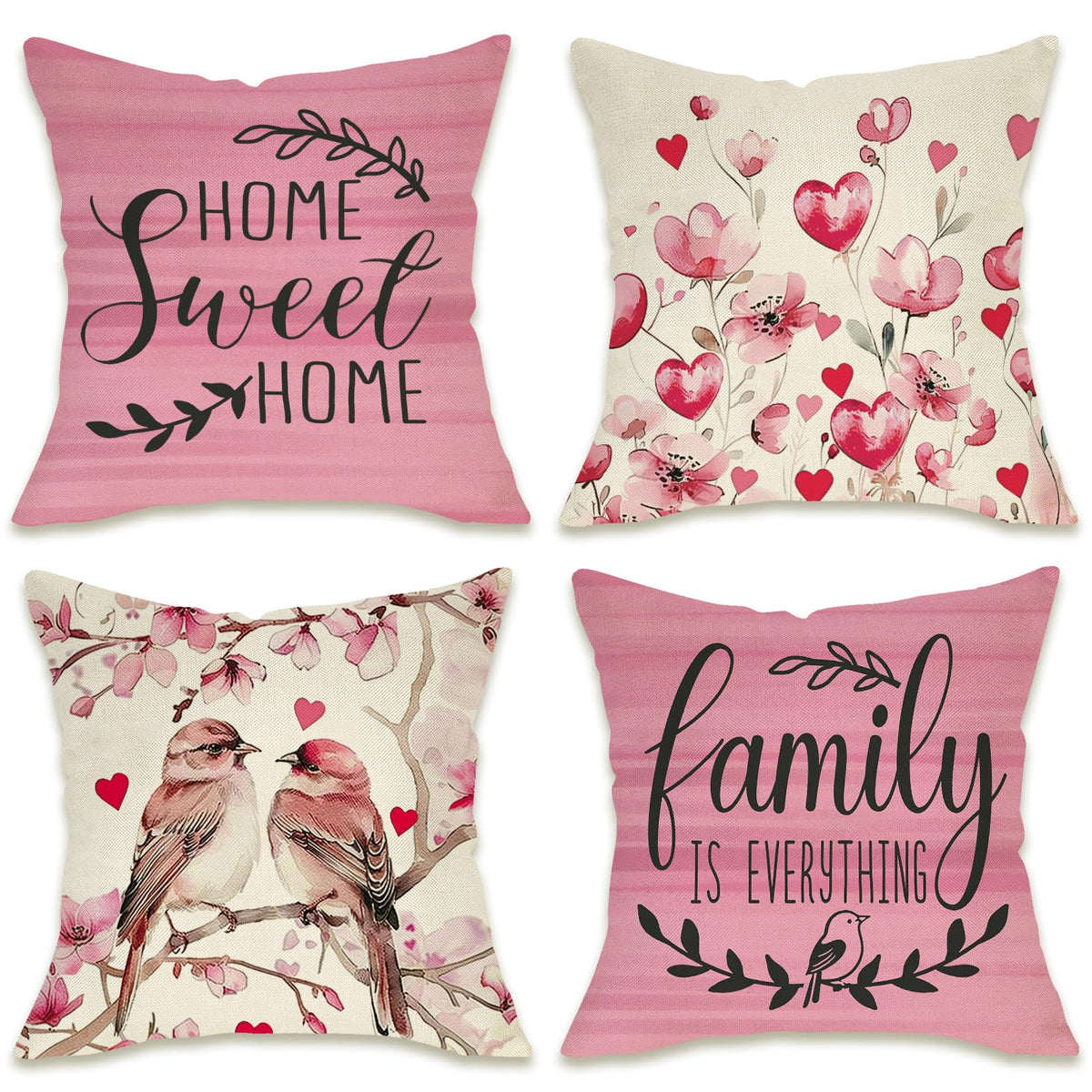 Valentines Day Birds Family Decorative Throw Pillow Covers 18" Set of 4, Pink Love Heart Flower Home Sweet Home