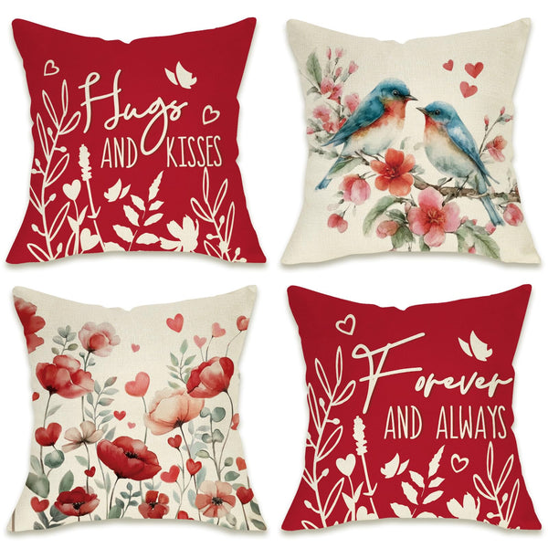 Valentines Day Red Decorative Throw Pillow Covers 18 x 18 Set of 4, Bluebird Flower Forever and Always