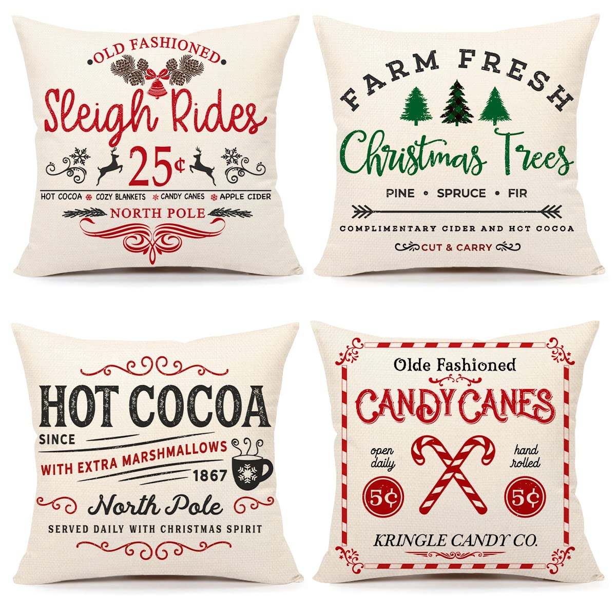 Soft Polyester Farmhouse Christmas Pillow Covers 18x18 Set of 4 Sleigh Rides, Farm Fresh Tree