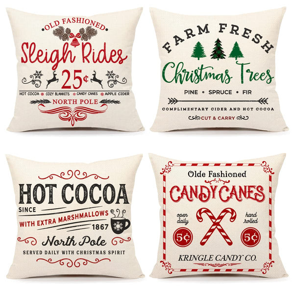 Soft Polyester Farmhouse Christmas Pillow Covers 18x18 Set of 4 Sleigh Rides, Farm Fresh Tree