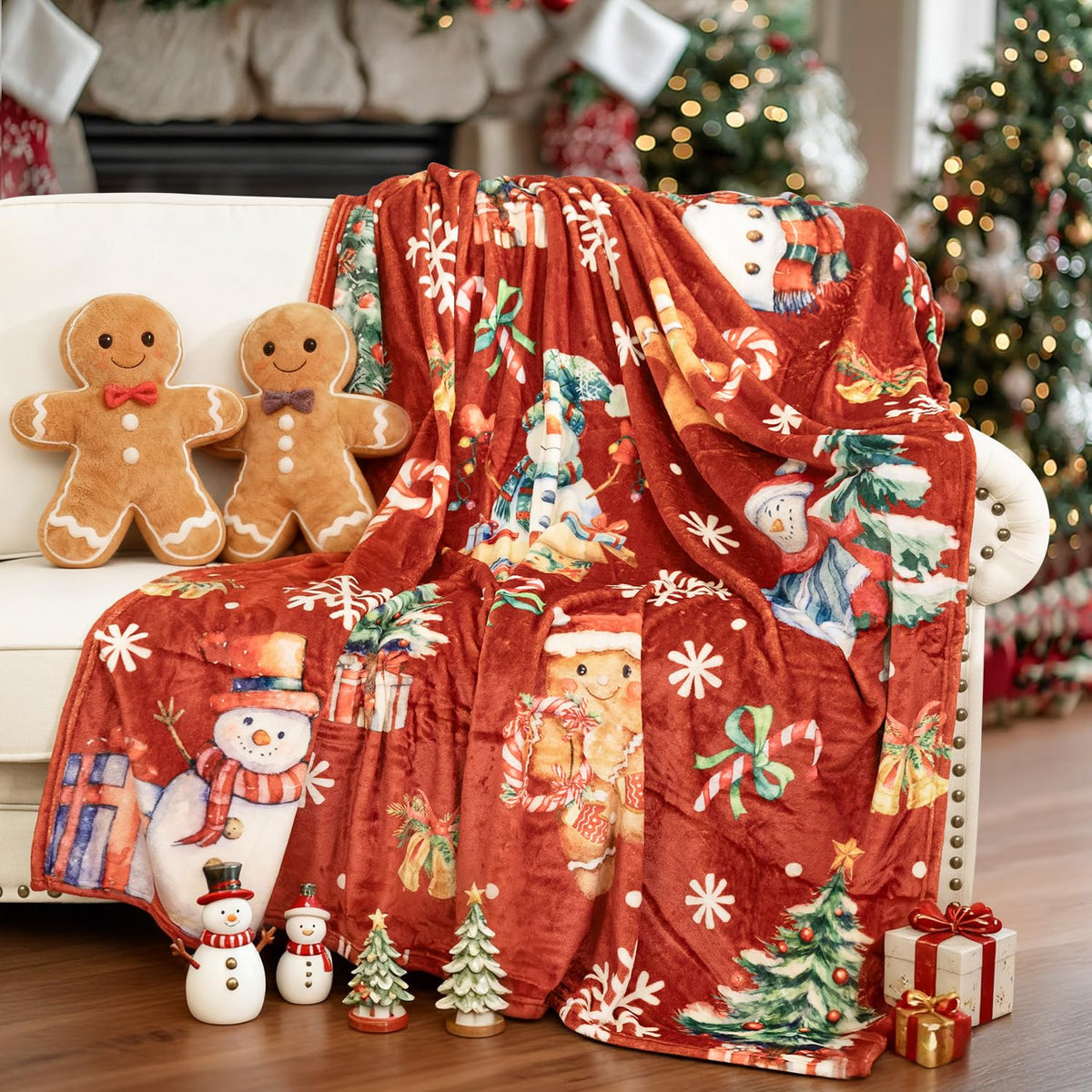 Christmas Throw Blanket, 50" x 60" Soft Flannel Gingerbread Blanket with Snowman and Xmas Tree