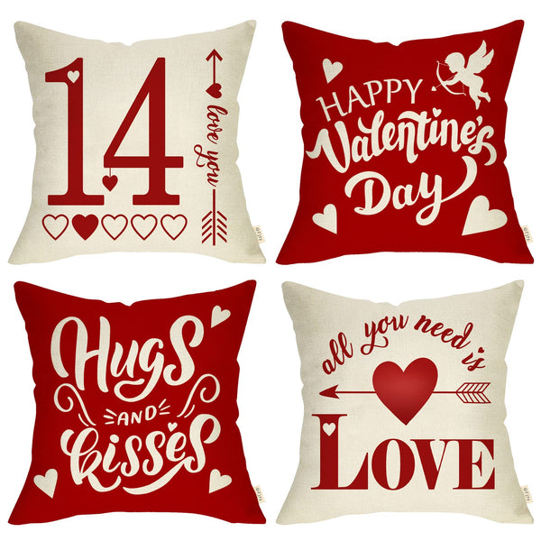 Waterproof Linen, Happy Valentine's Day Love Decorative Throw Pillow Covers 18 x 18 Set of 4