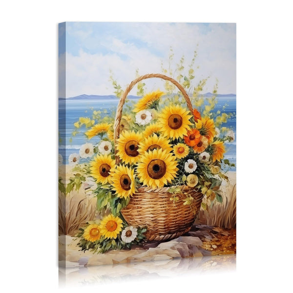 Sunflower Wall Decor Rustic Yellow Sunflower in Woven basket Beach Canvas Wall Art Modern Home Decor for Living Room