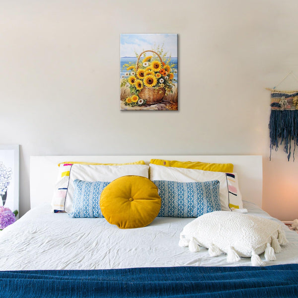 Sunflower Wall Decor Rustic Yellow Sunflower in Woven basket Beach Canvas Wall Art Modern Home Decor for Living Room