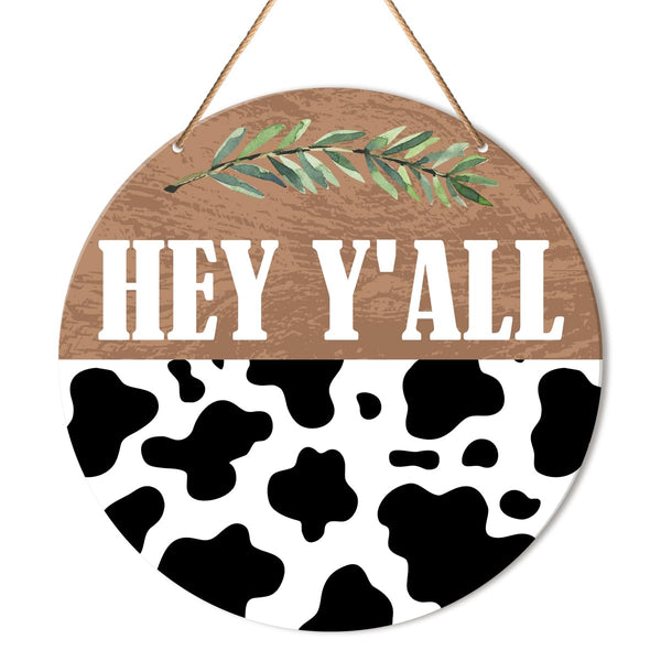 Western Welcome Sign Front Door Decor, Cow Welcome Round Wood Hanging Sign Decor Farmhouse Wall Sign Decorations