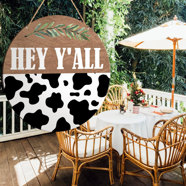 Western Welcome Sign Front Door Decor, Cow Welcome Round Wood Hanging Sign Decor Farmhouse Wall Sign Decorations