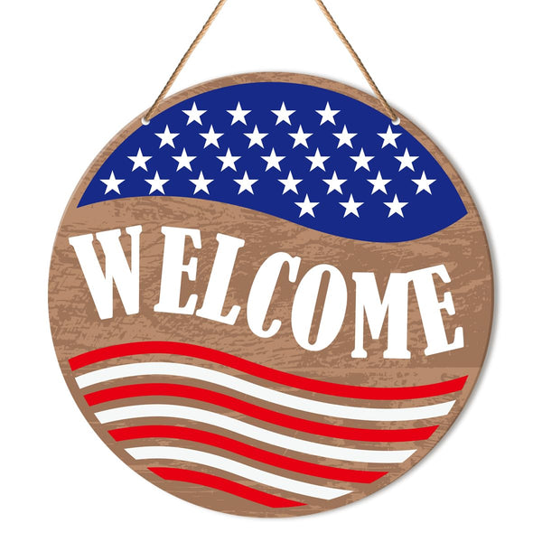 Patriotic Welcome Sign Front Door Decor, Memorial Day Welcome Hanging Sign Decor Independence Day Wall Sign Decorations for Door