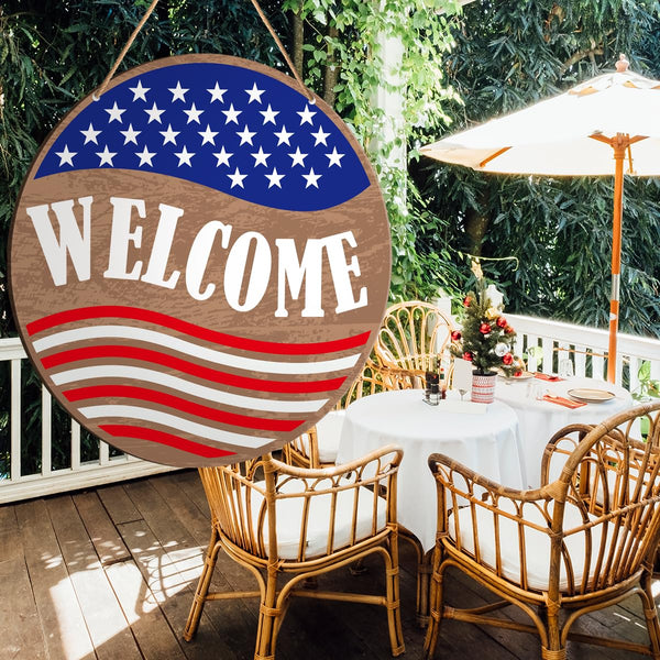 Patriotic Welcome Sign Front Door Decor, Memorial Day Welcome Hanging Sign Decor Independence Day Wall Sign Decorations for Door
