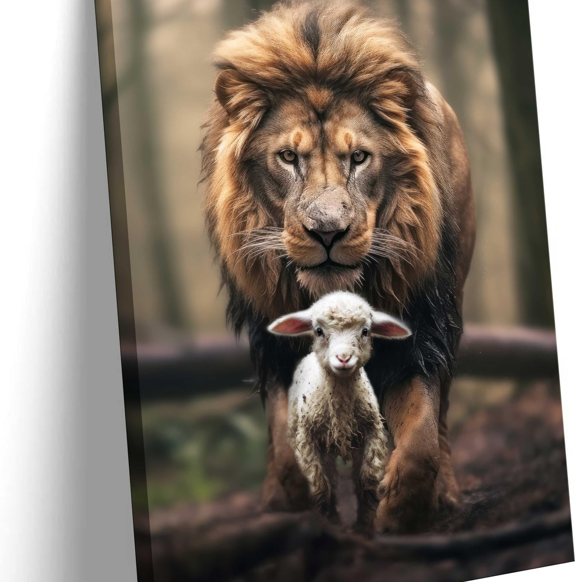 Framed Lion and Lamb Canvas Wall art Christian Lion King Poster Samll Size 8x12in/20x30cm