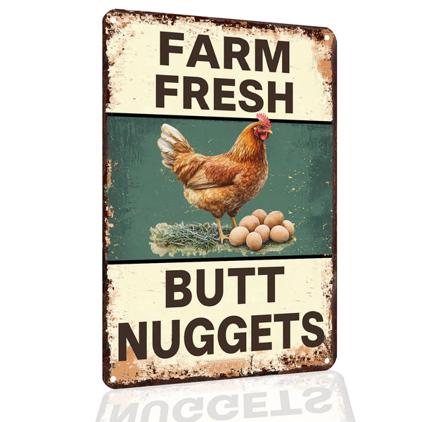 Funny Chicken Coop Sign Farm Fresh Butt Nuggets Tin Sign Vintage Metal Sign for Farm Yard Wall Decor