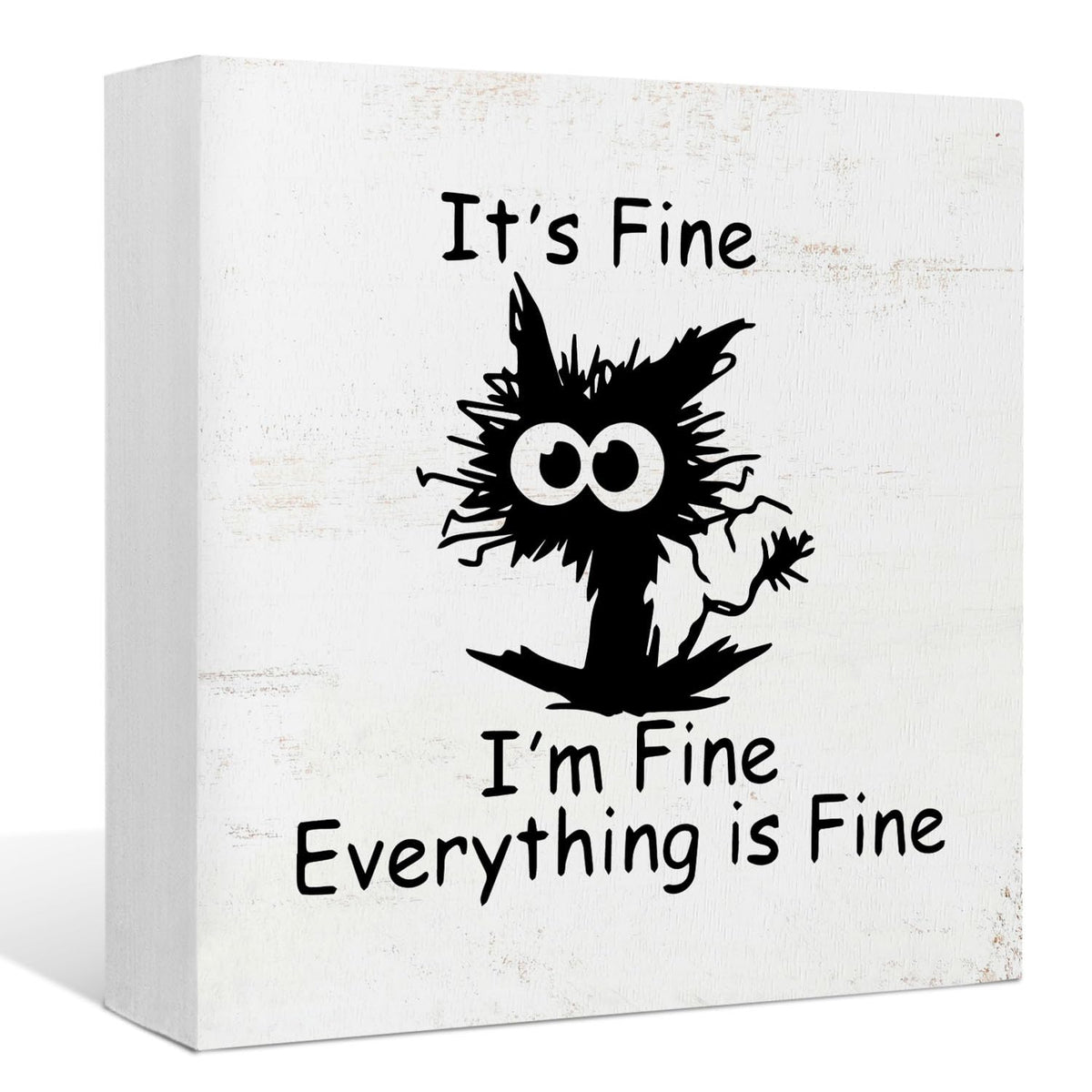 Funny Office Desk Decor - Black Cat 'It's Fine' Wood Box Sign