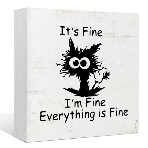 Funny Office Desk Decor - Black Cat 'It's Fine' Wood Box Sign