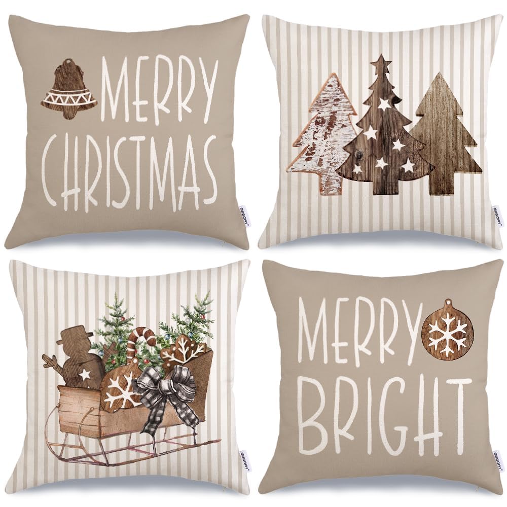 Christmas Pillow Covers 18 x 18 Inch Set of 4, Striped Wooden Tree Snow Sleigh Merry Bright Xmas Holiday Decor