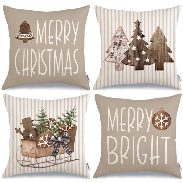 Christmas Pillow Covers 18 x 18 Inch Set of 4, Striped Wooden Tree Snow Sleigh Merry Bright Xmas Holiday Decor