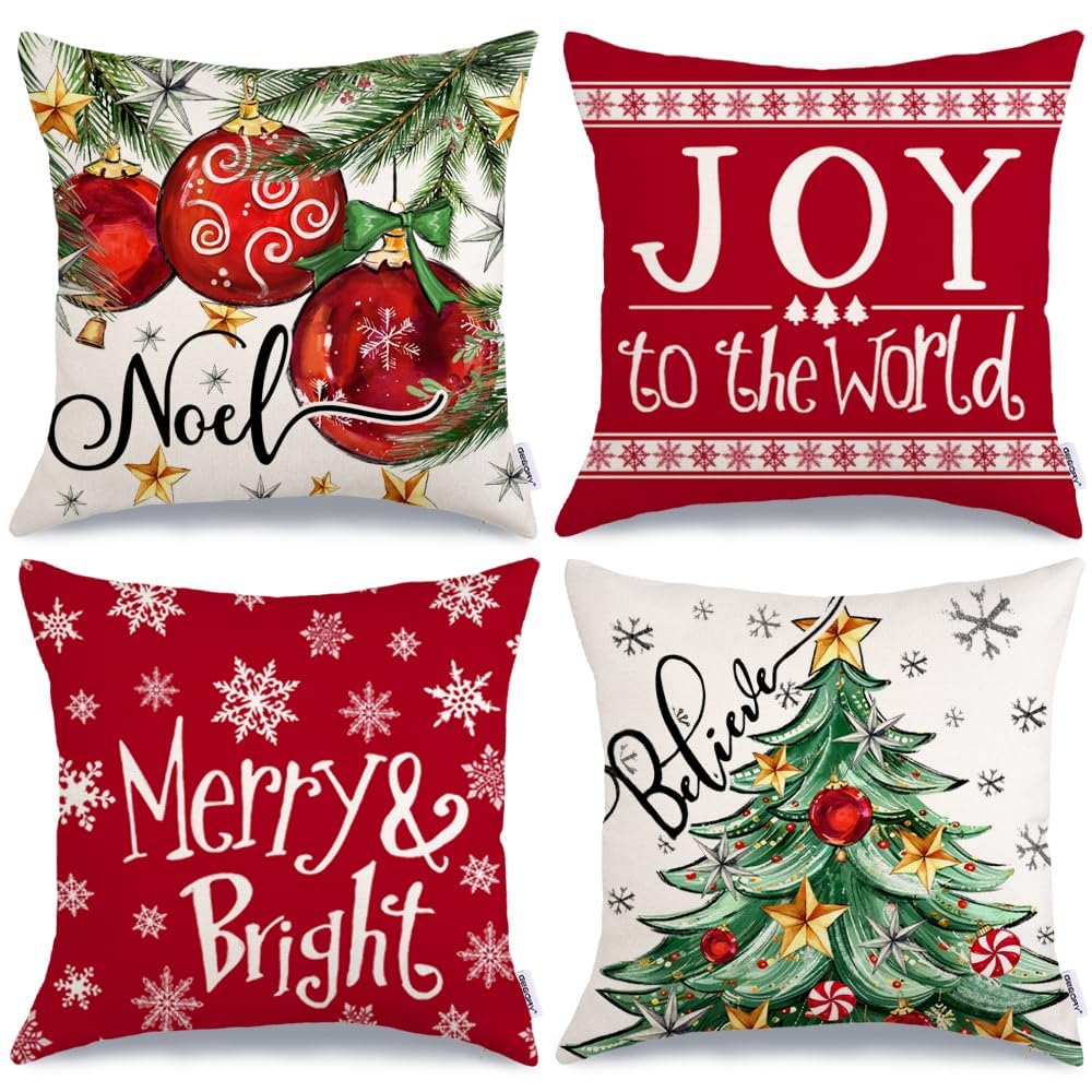 Christmas Pillow Covers 18x18 Inch Set of 4, Xmas Decorations Tree Balls Merry and Bright Joy to The World Red