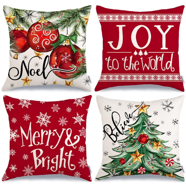Christmas Pillow Covers 18x18 Inch Set of 4, Xmas Decorations Tree Balls Merry and Bright Joy to The World