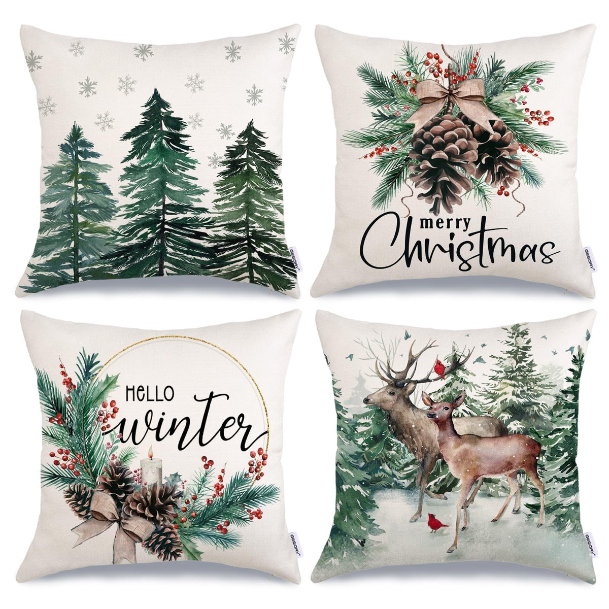 Christmas Tree Reindeer Pillow Covers 18 x 18 Inch Set of 4, Xmas Decorations, Holiday Hello Winter
