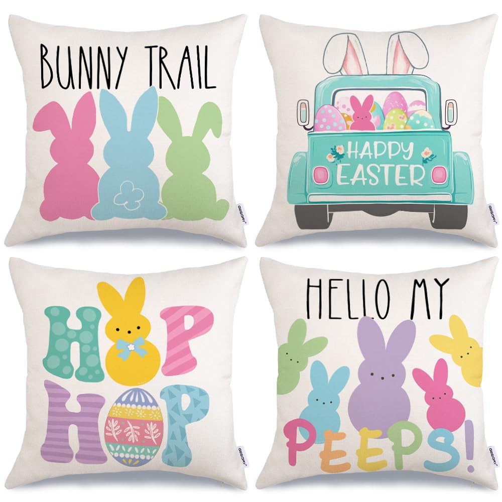 Easter Pillow Covers 18x18 Set of 4 Easter Decorations for Home Bunny Truck Hello Peeps Hip Hop
