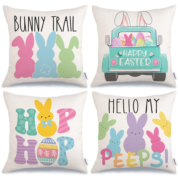 Easter Pillow Covers 18x18 Set of 4 Easter Decorations for Home Bunny Truck Hello Peeps Hip Hop