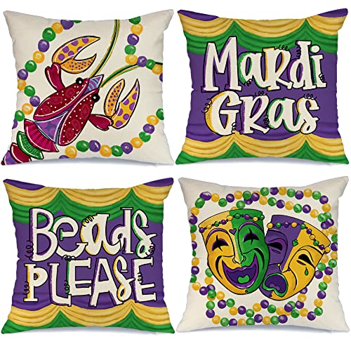 Mardi Gras Pillow Covers 18x18 Inch Set of 4 for Home Decorations - Beads, Eye Mask, Fleur De Lis Decor