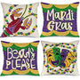 Mardi Gras Pillow Covers 18x18 Inch Set of 4 for Home Decorations - Beads, Eye Mask, Fleur De Lis Decor