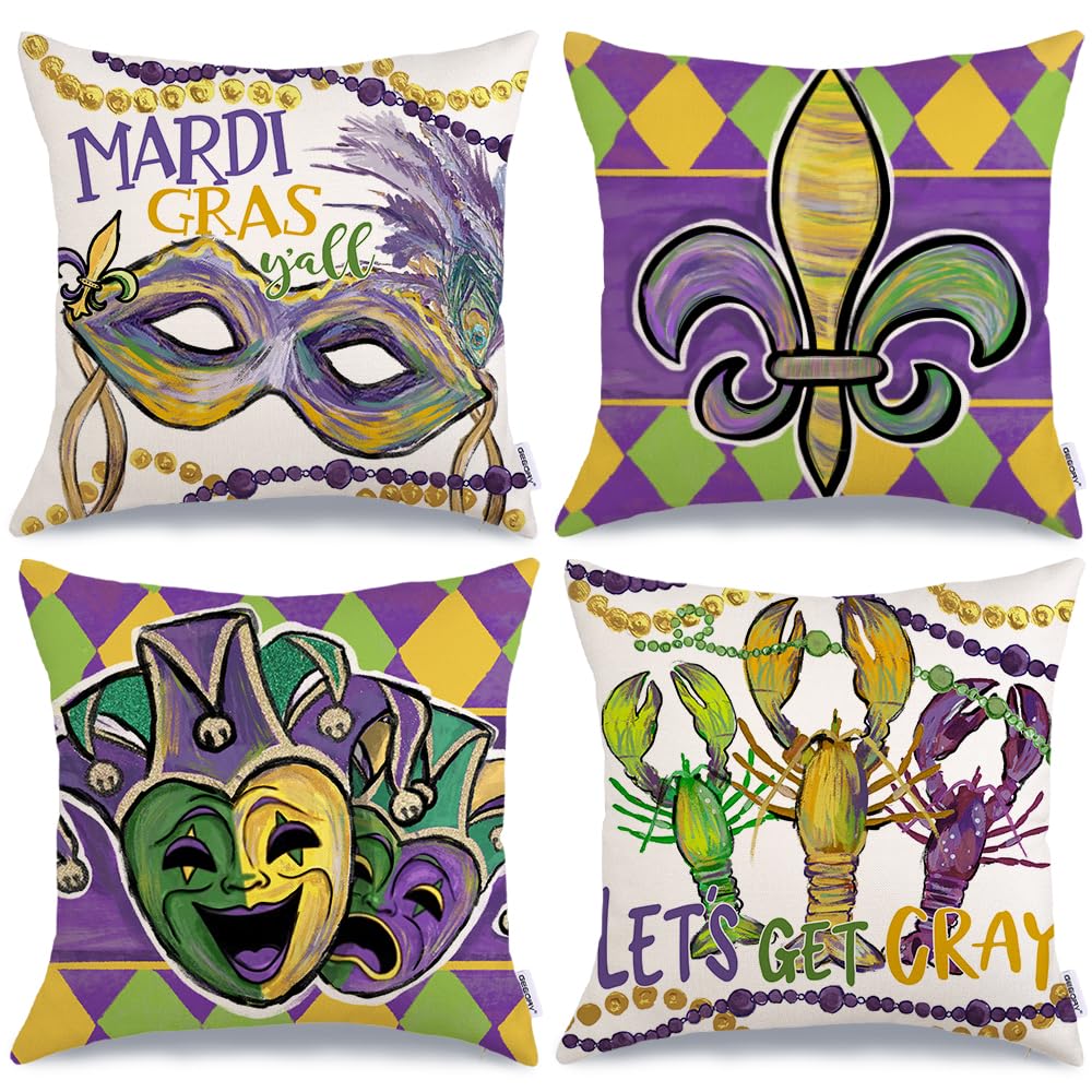 Mardi Gras Throw Pillow Covers 18 x 18 Inch Set of 4, Mardi Gras Y'all Fleur De Lis Jester Hats