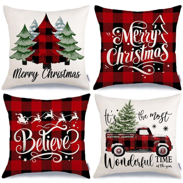 Merry Christmas Throw Pillow Covers 18x18 Inch Set of 4, Xmas Trees Truck Buffalo Plaid Believe