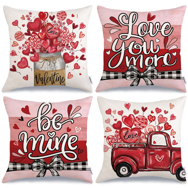 Valentine's Day Be Mine Love You More Throw Pillow Covers 18x18 Set of 4, Red Heart Balloon Truck Mason Jar Stripes