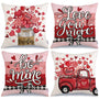 Valentine's Day Be Mine Love You More Throw Pillow Covers 18x18 Set of 4, Red Heart Balloon Truck Mason Jar Stripes
