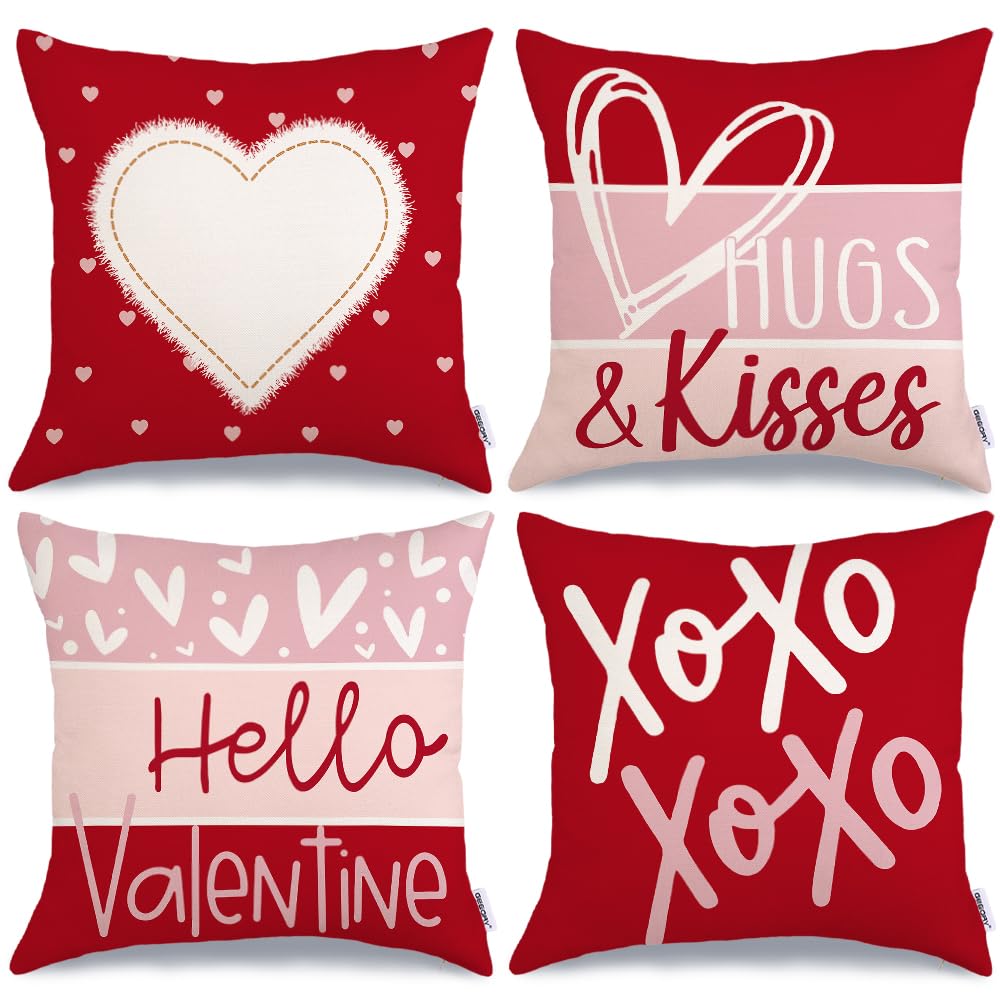 Valentine's Day Hello Valentine Hugs & Kisses Throw Pillow Covers 18x18 Inch Set of 4